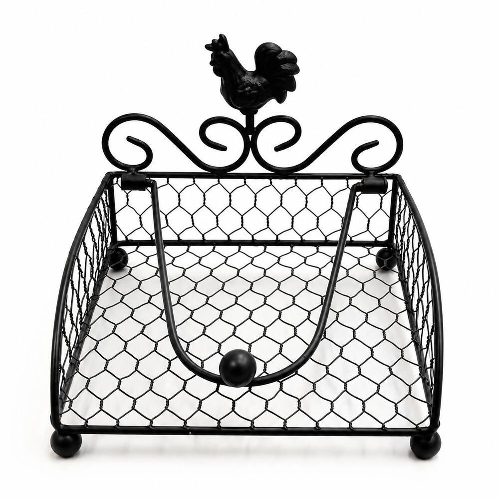 Black Metal Rooster Chicken Wire Basket Farmhouse Countertop Mail Napkin Holder
